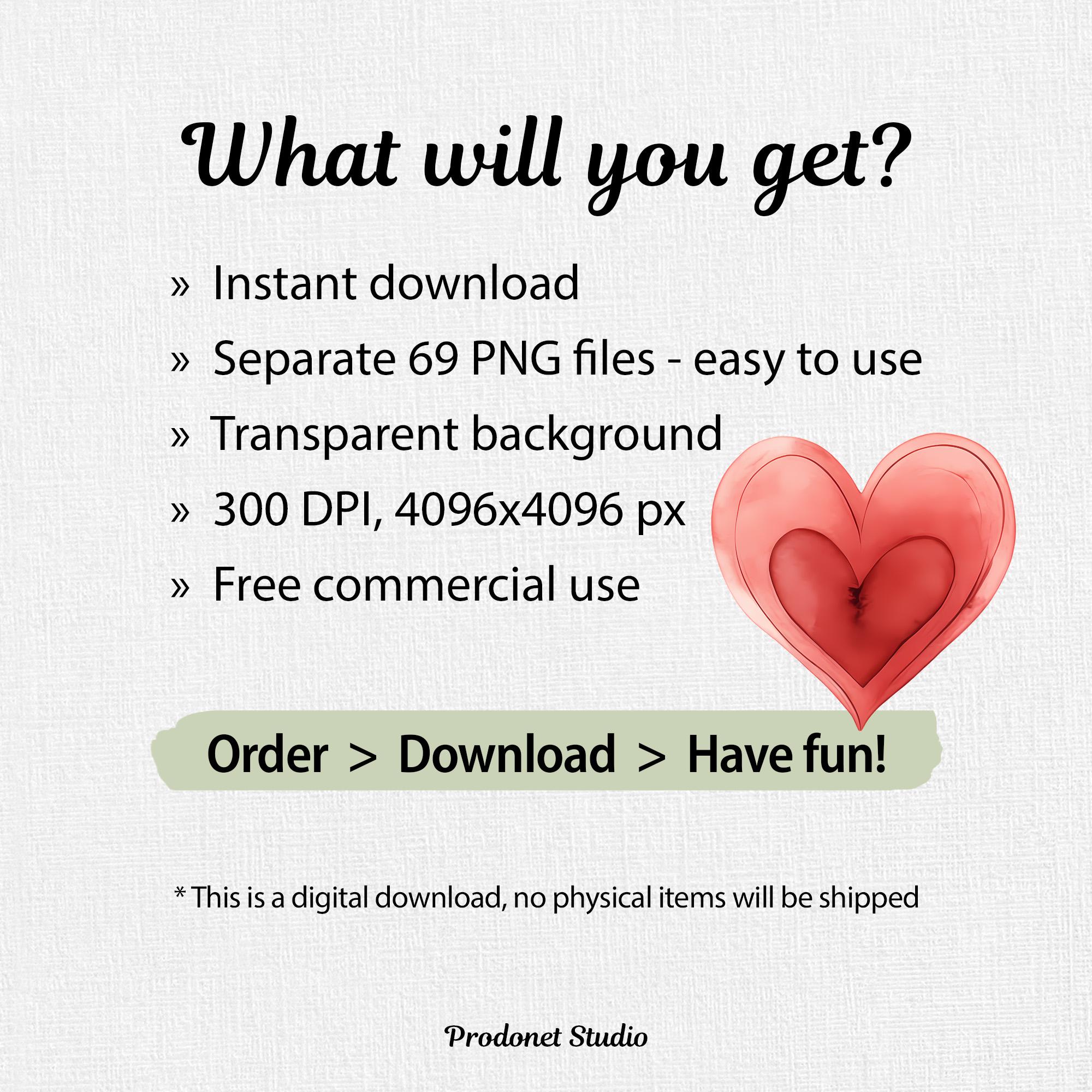 Watercolor Hearts PNG Clipart Bundle, Valentine’s Day Heart Clipart ...
