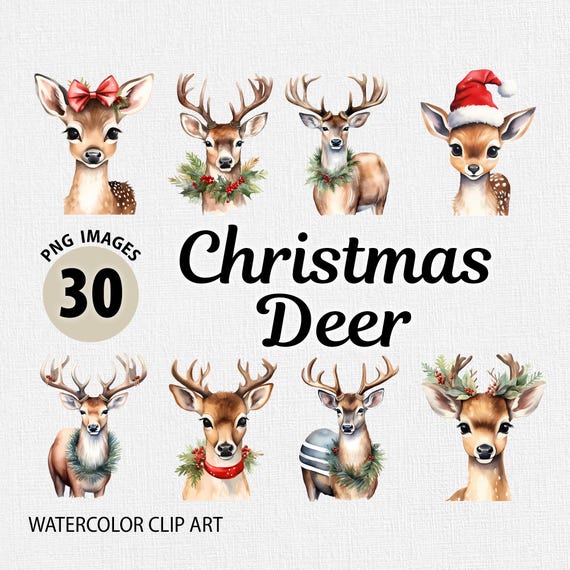 Christmas Deer PNG Bundle, Transparent Background, High-Resolution, Christmas Deer Clipart bundle, Watercolor, Instant Download, Deer PNG