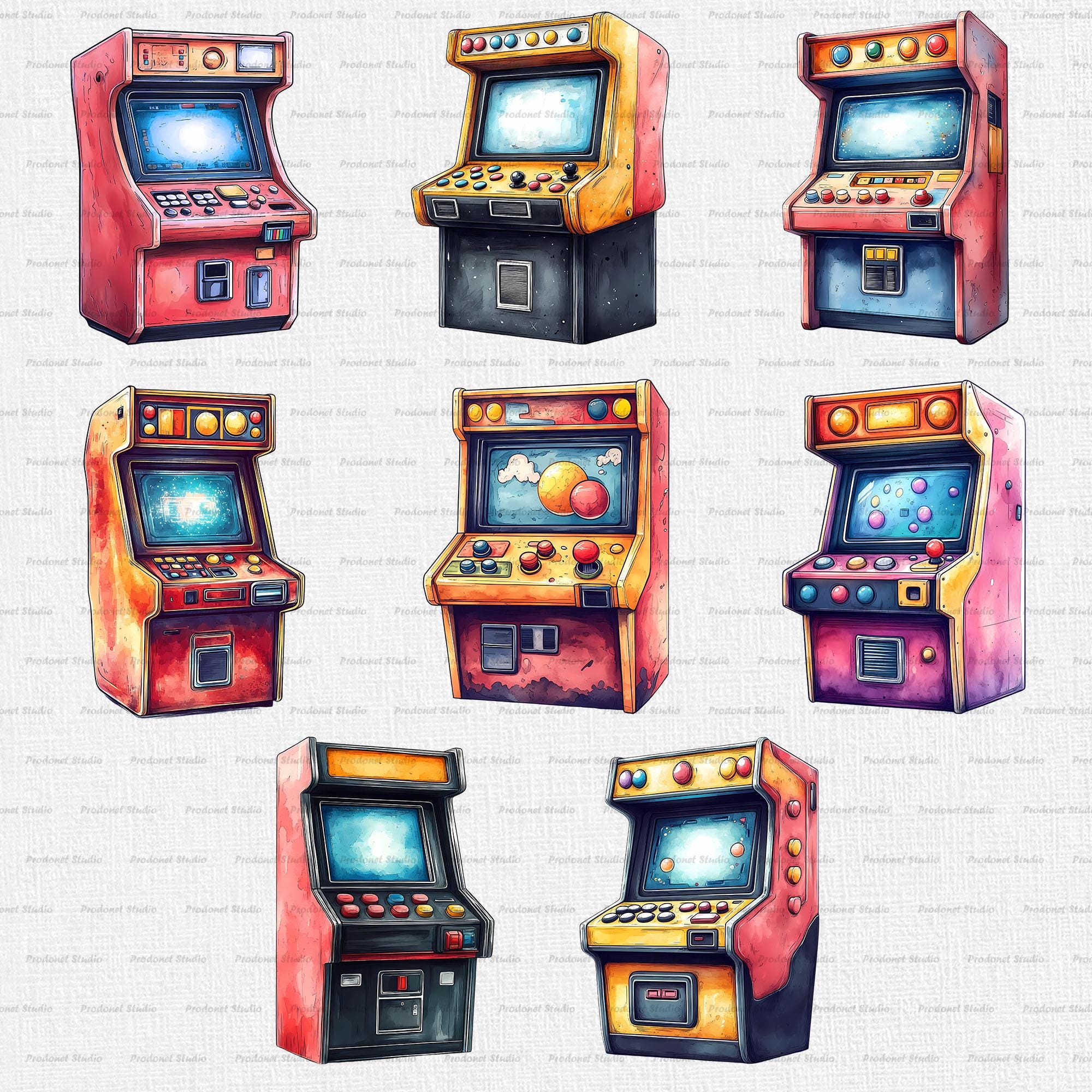 Watercolor Arcade Machine PNG Clipart Bundle, Watercolor Retro Arcade ...