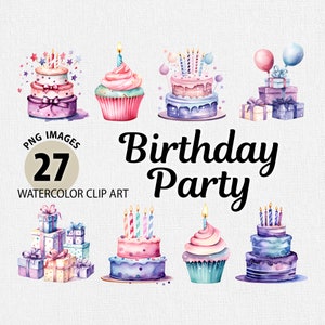 Watercolor Birthday PNG Clipart Bundle | Cakes, Gift boxes, Cupcakes | 27 High-Resolution PNG Images | Instant Download | Commercial License