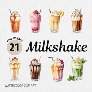 Pode incluir: 21 ilustrações de aquarela de diferentes sabores de milk-shake. Os milk-shakes estão em vários copos com chantilly, molho de chocolate e coberturas. O texto "Milkshake" está escrito em negrito abaixo das imagens.