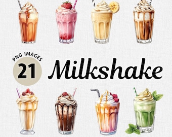 Watercolor Milkshake PNG Clipart Bundle, Dessert PNG Clipart, Sweets Clipart, Ice Cream Clipart, Summer Drinks PNG, Food clipart, Sundae Png