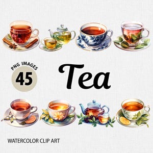 Puede incluir: Un conjunto de 45 ilustraciones de acuarela de tazas de té, teteras y hojas de té. Las ilustraciones están en una variedad de colores, incluyendo azul, verde, rojo y marrón. El texto "Té" está escrito en letras cursivas negras.