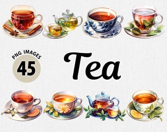 Akvarell te PNG-paket, akvarell te Clipart, tekopp Clipart, mat Clipart, drycker Clipart, varma drycker PNG, engelskt te Clipart