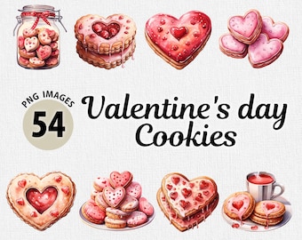 Watercolor Valentine's Day Cookies PNG, Valentine Cookie Clipart, Valentine's day png Bundle, Valentine's Day Food PNG, Heart Shaped Cookies
