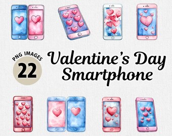 Akvarell Alla hjärtans dag-smartphone med hjärtan PNG Clipart-paket, rosa smartphone-clipart, romantisk clipart PNG, alla hjärtans dag-teknikdesign