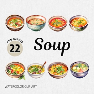 Puede incluir: Un conjunto de 22 ilustraciones de acuarela de diferentes tipos de sopa en tazones. Los tazones son todos de diferentes colores y tienen diferentes diseños. La sopa es de una variedad de colores y tiene diferentes ingredientes. El texto "Sopa" está escrito en letras grandes y negritas en la parte superior de la imagen. El texto "PNG IMAGES" y "WATERCOLOR CLIP ART" está escrito en la parte inferior de la imagen.