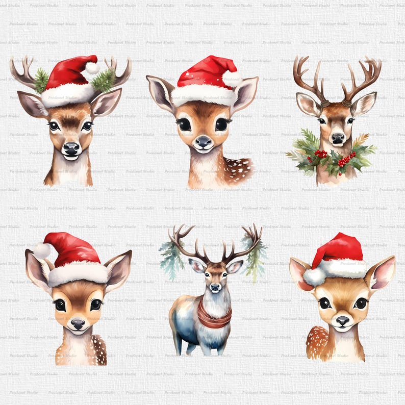 Peut inclure: Cinq illustrations &agrave; l'aquarelle de cerfs portant des bonnets de P&egrave;re No&euml;l. Les cerfs sont dans diff&eacute;rentes poses, certains avec des bois et d'autres avec des couronnes autour du cou.