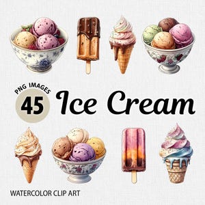 May include: A set of 45 watercolor clip art images of ice cream cones, popsicles, and ice cream scoops. The ice cream is in various colors, including pink, blue, brown, and yellow. The ice cream is decorated with chocolate, sprinkles, and other toppings.