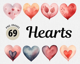 Aquarell Herzen PNG Clipart Bundle, Valentinstag Herz Clipart, Liebe PNG, Romantische Illustration PNG, Liebe PNG Clipart, Aquarell Herz
