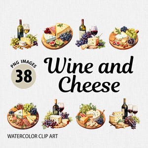 Paquete de imágenes prediseñadas PNG de vino y queso en acuarela, imágenes prediseñadas de comida, queso PNG, imágenes prediseñadas de botella de vino en acuarela, imágenes prediseñadas de vino tinto, imágenes prediseñadas de vino blanco
