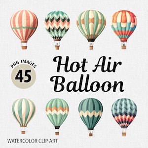 Aquarel heteluchtballon PNG clipart bundel, heteluchtballon clipart, ongewenste dagboek, digitale planner, retro png clipart, kawaii clipart