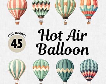 Akvarell luftballong PNG Clipart-paket, luftballong Clipart, skräpjournal, digital planerare, retro PNG Clipart, kawaii Clipart