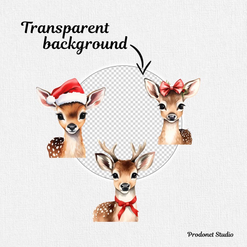 Peut inclure: Trois illustrations aquarelle de jolis cerfs avec diff&eacute;rents accessoires de f&ecirc;te. Un cerf porte un chapeau de P&egrave;re No&euml;l, un autre a un n&oelig;ud rouge et le troisi&egrave;me a un ruban rouge autour du cou.