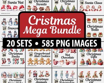 Jul Clipart Mega Bundle, Jul Akvarell PNG Bundle, Transparent Bakgrund, Hög Upplösning, Akvarell Jul Clipart Bundle