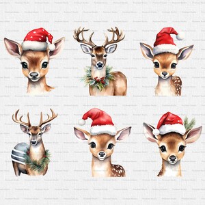 Peut inclure: Six illustrations &agrave; l'aquarelle de cerfs portant des bonnets de P&egrave;re No&euml;l. Les cerfs sont dans diff&eacute;rentes poses, certains avec des bois, d'autres avec des couronnes de houx autour du cou. L'arri&egrave;re-plan est une texture de toile gris clair.