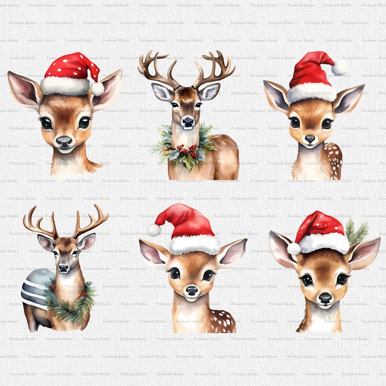 Peut inclure: Six illustrations &agrave; l'aquarelle de cerfs portant des bonnets de P&egrave;re No&euml;l. Les cerfs sont dans diff&eacute;rentes poses, certains avec des bois, d'autres avec des couronnes de houx autour du cou. L'arri&egrave;re-plan est une texture de toile gris clair.