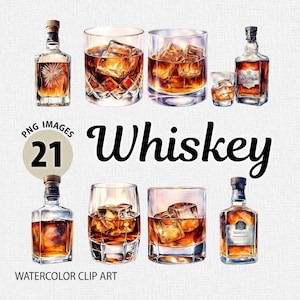 Könnte beinhalten: Aquarell-Illustration von Whiskyflaschen und Gläsern mit Eis. Die Flaschen sind braun und haben Etiketten. Die Gläser sind klar und mit brauner Flüssigkeit und Eiswürfeln gefüllt. Der Text "Whiskey" ist in schwarzen Kursivbuchstaben geschrieben.
