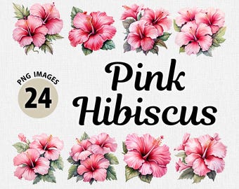 Watercolor Pink Hibiscus PNG Clipart Bundle, Watercolor Hibiscus PNG, Floral Clipart, Flower Clipart, Summer Flowers png, Blossom Clipart
