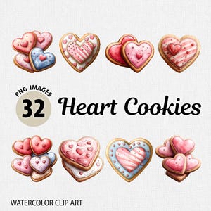 Watercolor Valentine's Day Heart Cookies PNG, Valentine Cookie Clipart, Valentine png Bundle, Valentine's Day Food PNG, Heart Shaped Cookies