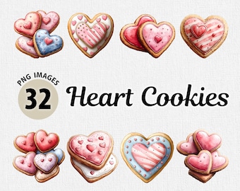 Watercolor Valentine's Day Heart Cookies PNG, Valentine Cookie Clipart, Valentine png Bundle, Valentine's Day Food PNG, Heart Shaped Cookies