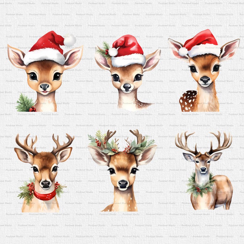 Peut inclure: Six illustrations &agrave; l'aquarelle de cerfs avec des d&eacute;corations de No&euml;l. Les cerfs portent des chapeaux de P&egrave;re No&euml;l et ont des couronnes de houx autour de leurs bois. Les illustrations sont sur un fond blanc.