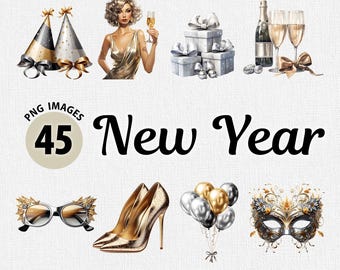 Akvarell nyårsafton PNG Clipart-paket, nyårsfest, mousserande vin, champagne, gott nytt år, ballonger PNG, festglas clipart
