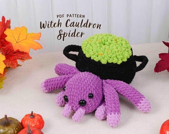 May include: A crocheted Halloween-themed set featuring a purple spider and a black cauldron with green foam. The spider has eight legs and black eyes. The cauldron is filled with green foam. The text "PDF Pattern Witch Cauldron Spider" is visible.