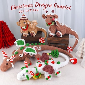 May include: A collection of crocheted Christmas dragon figures in various poses. The dragons are brown, white, and green, with candy cane and gingerbread-inspired details. The image includes the text "Christmas Dragon Quartet PDF Pattern".