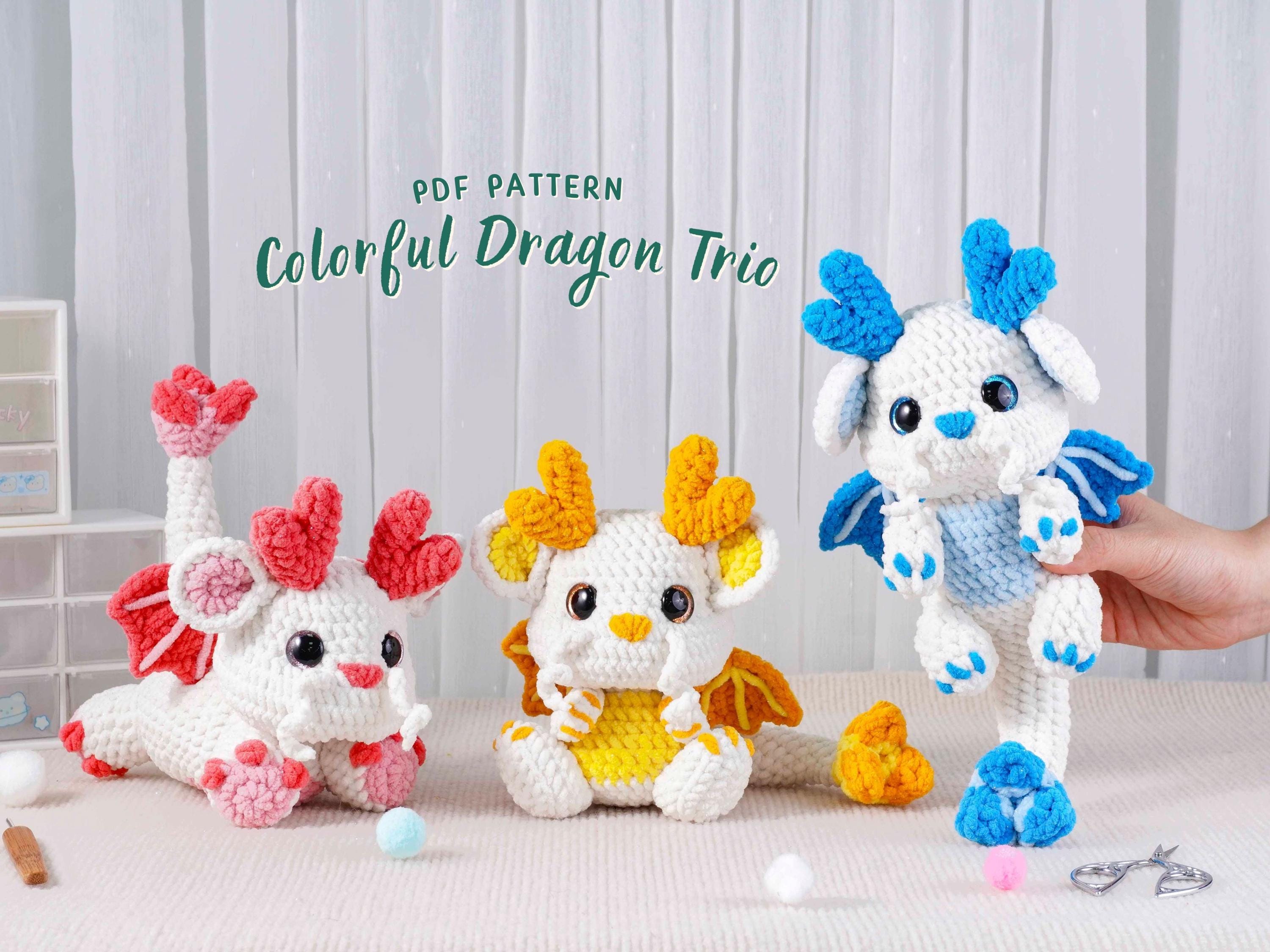 Colorful Dragon Trio Crochet Patterns, Yellow Dragon Pattern, Pink ...