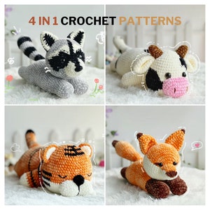Puede incluir: Imagen de cuatro patrones de animales de ganchillo: un mapache, una vaca, un tigre y un zorro. El mapache es gris y blanco, la vaca es blanca y negra, el tigre es naranja y negro, y el zorro es naranja y marrón. El texto "4 IN 1 CROCHET PATTERNS" está en la parte superior.