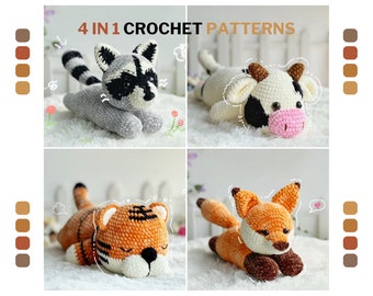 Combo 4in1 Amigurumi Crochet Pattern, Cow Crochet Pattern, Tiger Crochet Pattern, Raccoon Pattern, Fox Crochet Pattern