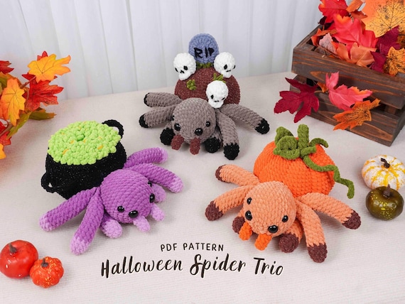 Halloween Spider Trio Crochet Patterns | Pumpkin Spider Pattern, Witch Spider Pattern, Skull Spider Pattern, Halloween Crochet Patterns