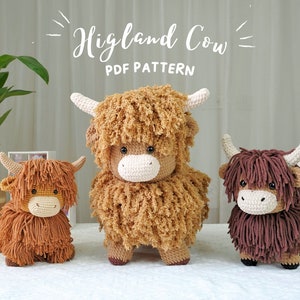 Patrón de crochet de vaca de las Highlands de tamaño grande, patrón de crochet amigurumi, patrón de peluche de vaca de las Highlands, patrón de crochet en PDF