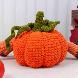 May include: A handmade, orange crochet pumpkin with green stem and vines. The pumpkin is a fall-themed decoration, perfect for autumn or Halloween. The textured yarn gives the pumpkin a soft, inviting appearance.