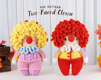 Two Faced Clown Crochet Pattern, Halloween Clown Crochet Pattern, Amigurumi Crochet Pattern, Halloween Crochet Plushie DIY, PDF Tutorial