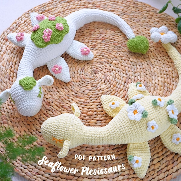 Paquete de patrones de crochet de plesiosaurios con flores marinas / Patrón de plesiosaurio con flores de menta, patrón de plesiosaurio con flores, patrón de crochet para amigurumi