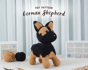 Virkmönster för schäfer, virkmönster för amigurumi, virkmönster för valpar på engelska, virkmönster för hundar, virkmönster för PDF-modell
