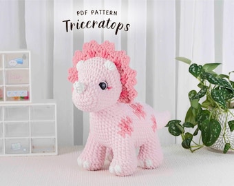 Patrón de Triceratops a crochet, Patrón de Amigurumi a crochet, Lindo dinosaurio de peluche (PDF), Tutorial fácil de crochet de animales, Dinosaurio amigurumi de peluche