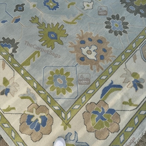 Turkish Oushak Rug | Light Blue and Green Area Rug | Hand Knotted Vintage Look Floral Wool Carpet | Large Soft Pastel Living Room Rug