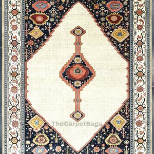 Hand-Knotted Serab-Inspired Wool Rug | Cream & Navy Persian Tribal Carpet | Geometric Oriental Area Rug | Vintage Style Handmade Wool Rug