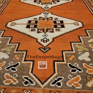 Authentic Oushak Rug 5x7 8x10 9x12, Hand Knotted Turkish Wool Area Rug in Orange & Beige, Geometric Anatolian Carpet - Bohemian Home Decor