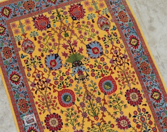 Yellow Persian Hand-Knotted Wool Rug – Floral Kashan Design Antique Carpet | 4x6 8x10 | Traditional Oriental Rug for Living room & Bedroom