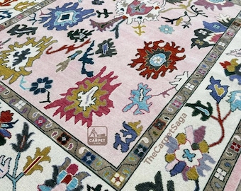 Hand-Knotted Oushak Wool Rug, Pink and Blue Turkish Carpet, Custom Size