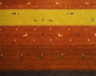 Handwoven Wool Gabbeh Rug | Terracotta Gold Tribal Animal Motif, Boho Living Room Carpet