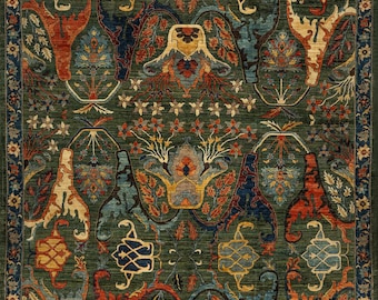 Green Floral Persian Bidjar Rug – Hand Knotted Oriental Carpet, Traditional Afghan Rug, Vintage Style Area Rug for Living Room
