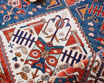 Hand-Knotted Kazak Rug- 8x10 ft | Traditional Caucasian Tribal Wool Rug | Bold Geometric Oriental Carpet | Rust Red & Blue Bohemian Area Rug