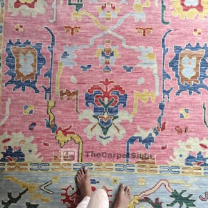Handmade 8x10 Pink Oushak Rug – 5x8 9x12 Turkish Wool Carpet, Soft Pastel Area Rug for Living Room, Bedroom, Dining Room & Home Decor