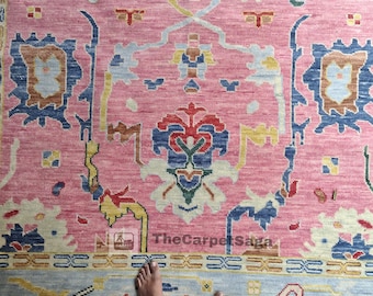 Hand-Knotted Pink Oushak Wool Rug – Vintage-Inspired Area Rug