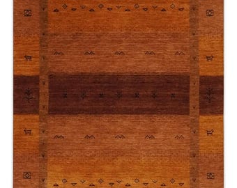 Hand Loomed Gabbeh Wool Rug – Rust Brown Tribal Stripe Area Carpet, Modern Persian Nomadic Style, Eco-Friendly Living Room Decor
